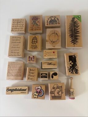 Assorted Lot of 19 Wooden Rubber Stamps - Floral, Sentiments & Icons